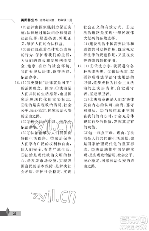 武汉大学出版社2023黄冈作业本七年级下册道德与法治人教版参考答案