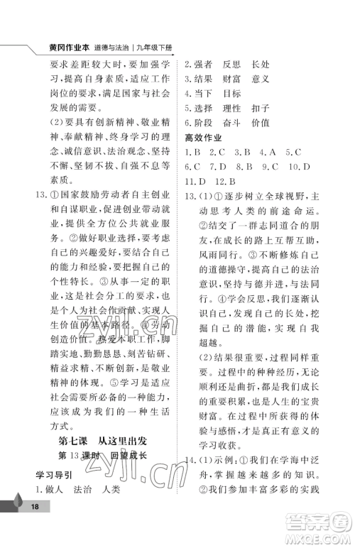 武汉大学出版社2023黄冈作业本九年级下册道德与法治人教版参考答案 武汉大学出版社2023黄冈作业本九年级下册道德与法治人教版参考答案