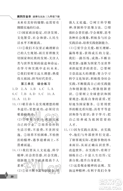 武汉大学出版社2023黄冈作业本九年级下册道德与法治人教版参考答案 武汉大学出版社2023黄冈作业本九年级下册道德与法治人教版参考答案