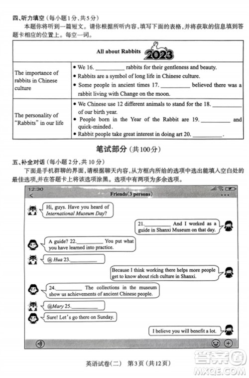 2023年太原市中考二模英语试卷答案