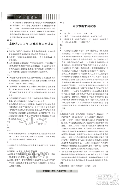 宁波出版社2023期末直通车八年级下册语文人教版参考答案