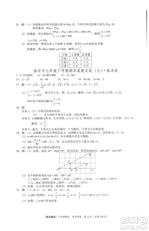 云南美术出版社2023期末赢家七年级下册数学人教版临沂专用参考答案