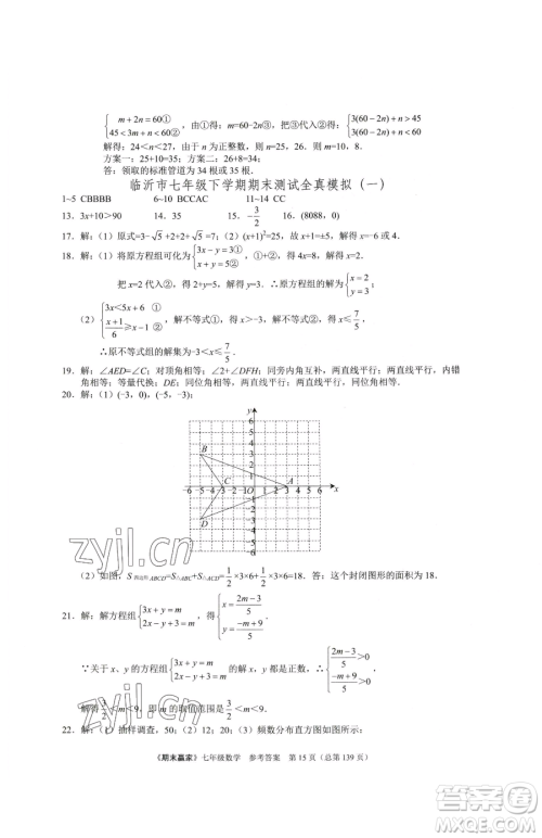 云南美术出版社2023期末赢家七年级下册数学人教版临沂专用参考答案