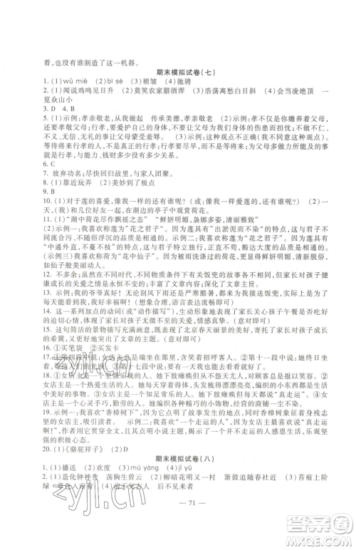 西安出版社2023期末金卷夺冠8套七年级下册语文人教版河北专版参考答案