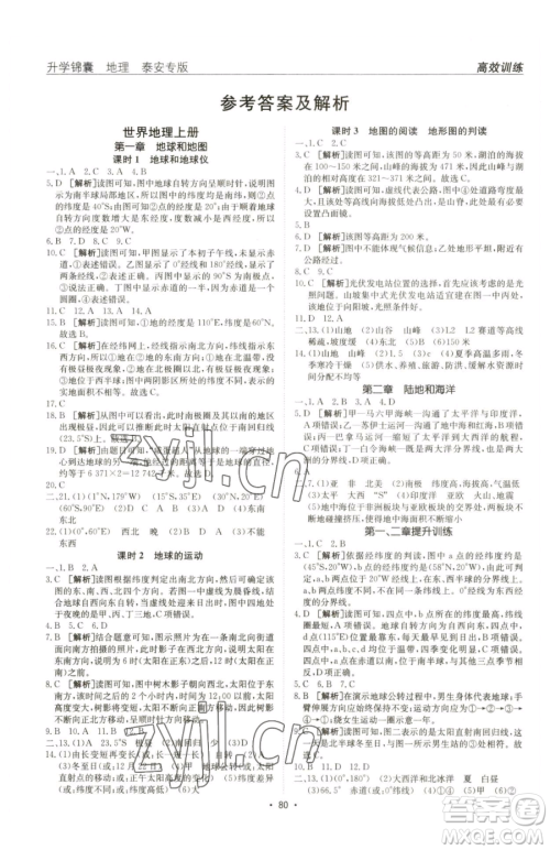 新疆青少年出版社2023升学锦囊九年级全一册地理泰安专版参考答案