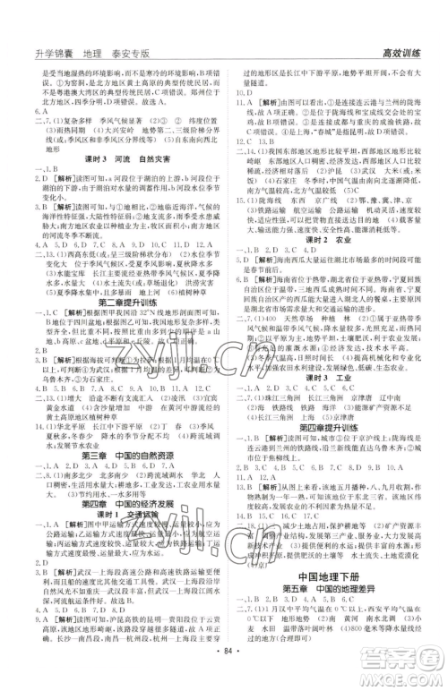 新疆青少年出版社2023升学锦囊九年级全一册地理泰安专版参考答案