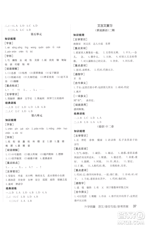 新疆青少年出版社2023升学锦囊九年级全一册语文泰安专版参考答案