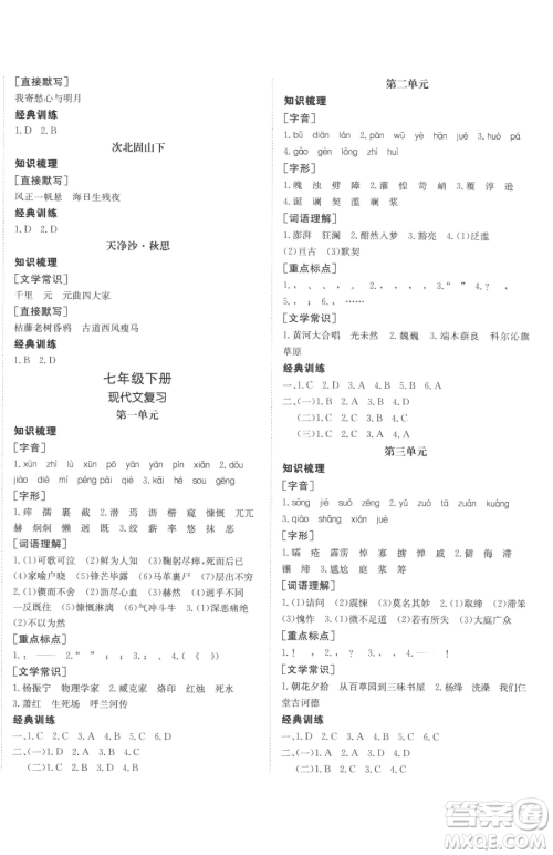 新疆青少年出版社2023升学锦囊九年级全一册语文泰安专版参考答案