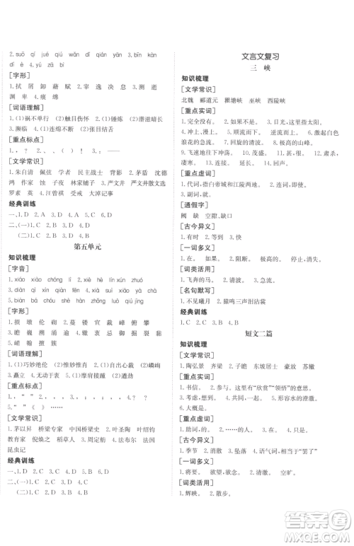 新疆青少年出版社2023升学锦囊九年级全一册语文泰安专版参考答案