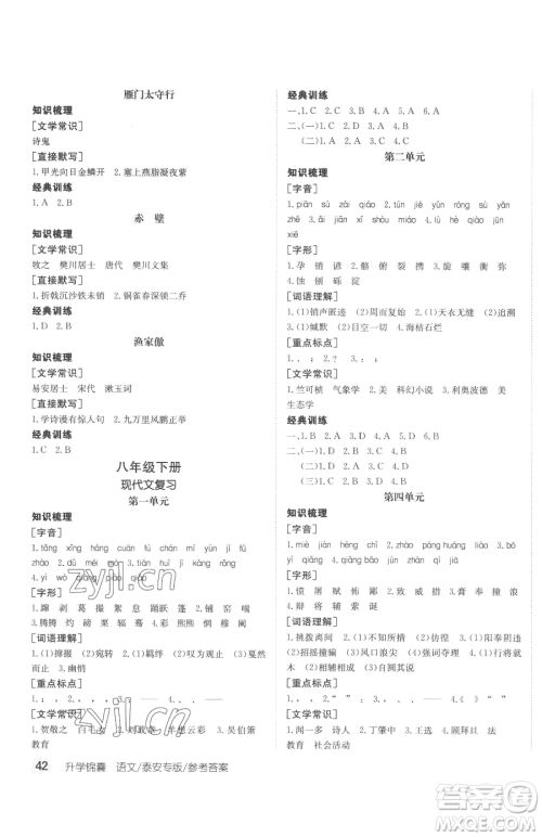 新疆青少年出版社2023升学锦囊九年级全一册语文泰安专版参考答案