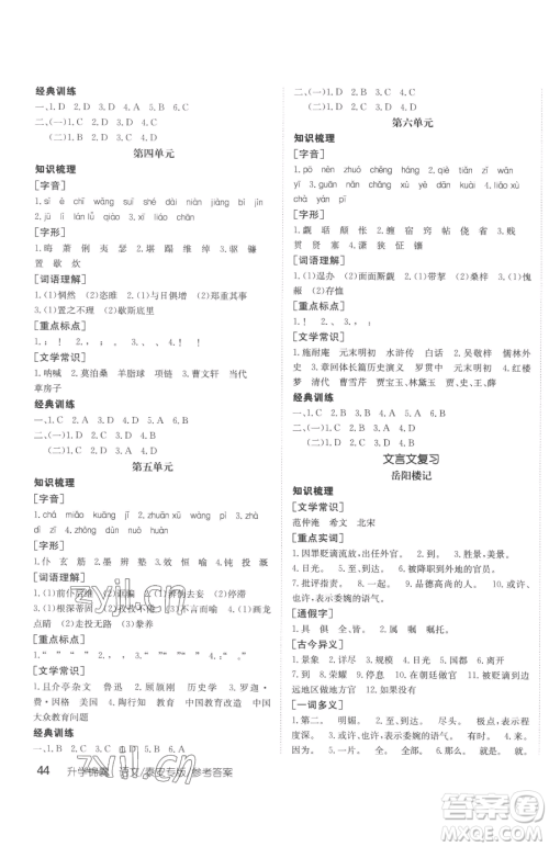 新疆青少年出版社2023升学锦囊九年级全一册语文泰安专版参考答案