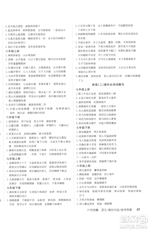 新疆青少年出版社2023升学锦囊九年级全一册语文泰安专版参考答案