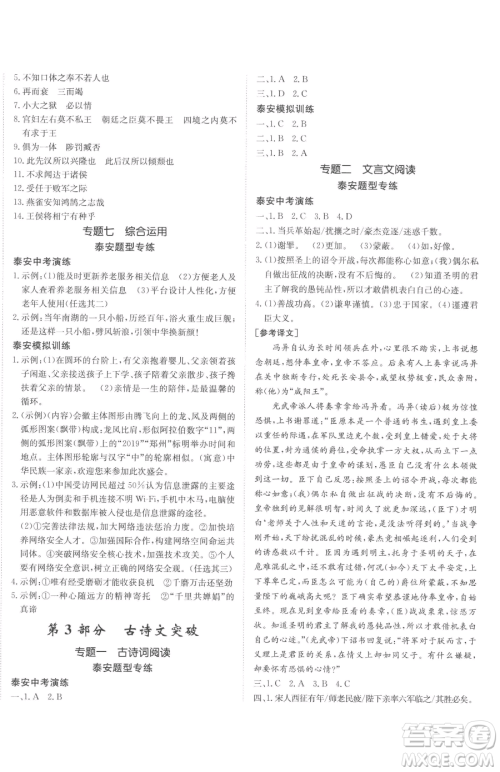 新疆青少年出版社2023升学锦囊九年级全一册语文泰安专版参考答案
