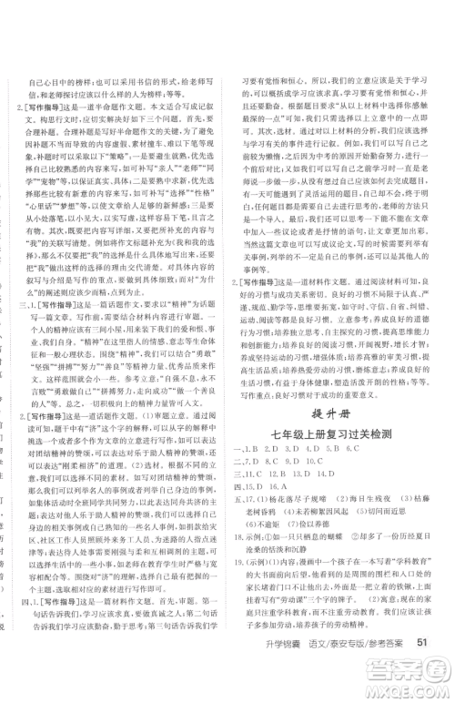 新疆青少年出版社2023升学锦囊九年级全一册语文泰安专版参考答案