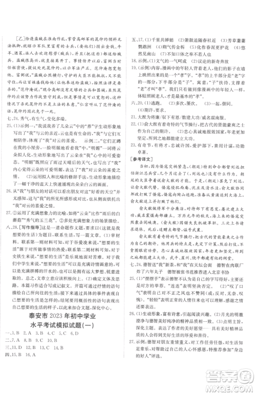 新疆青少年出版社2023升学锦囊九年级全一册语文泰安专版参考答案