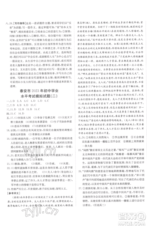 新疆青少年出版社2023升学锦囊九年级全一册语文泰安专版参考答案