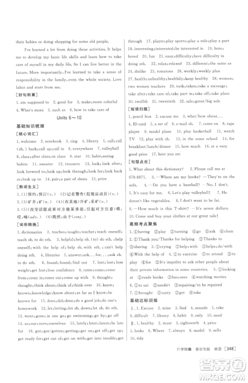 新疆青少年出版社2023升学锦囊九年级全一册英语泰安专版参考答案