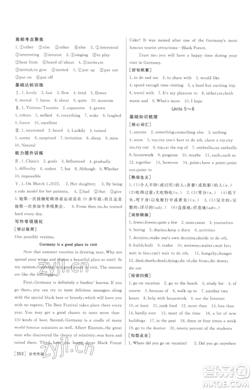 新疆青少年出版社2023升学锦囊九年级全一册英语泰安专版参考答案