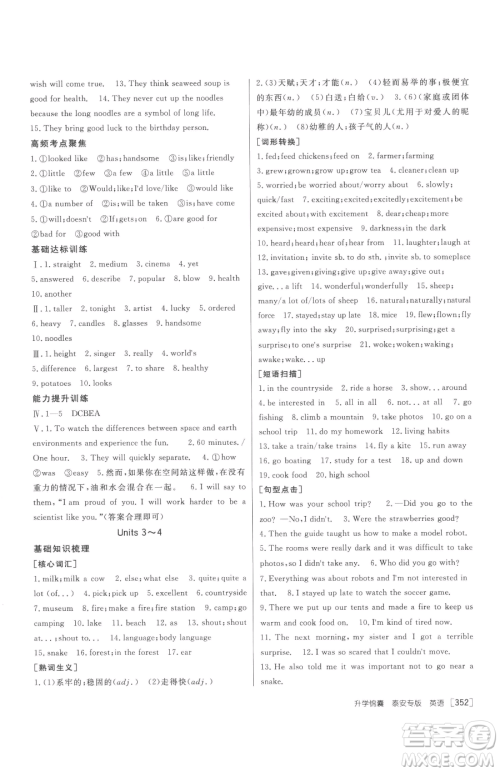 新疆青少年出版社2023升学锦囊九年级全一册英语泰安专版参考答案