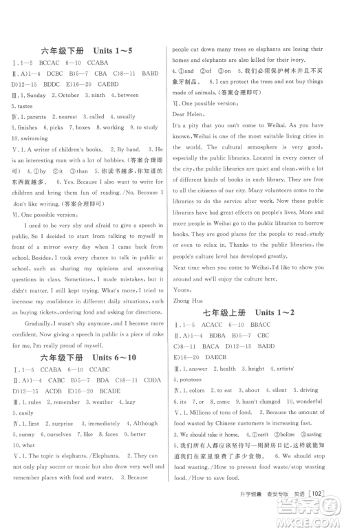 新疆青少年出版社2023升学锦囊九年级全一册英语泰安专版参考答案