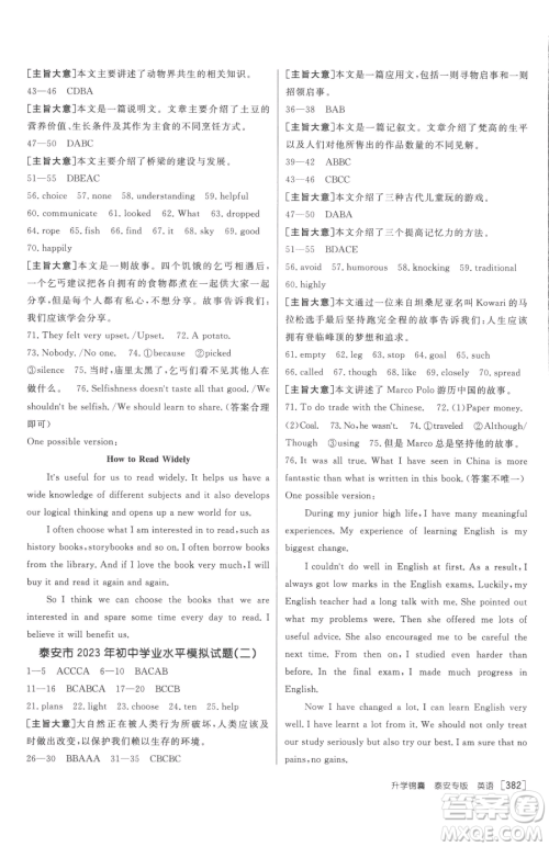 新疆青少年出版社2023升学锦囊九年级全一册英语泰安专版参考答案