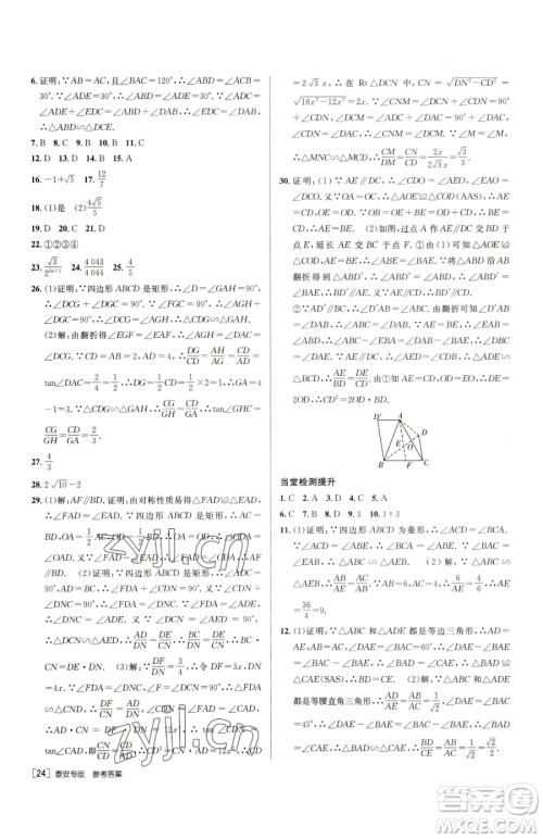 新疆青少年出版社2023升学锦囊九年级全一册数学泰安专版参考答案