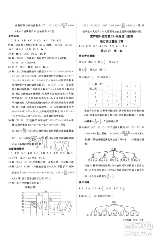 新疆青少年出版社2023升学锦囊九年级全一册数学泰安专版参考答案