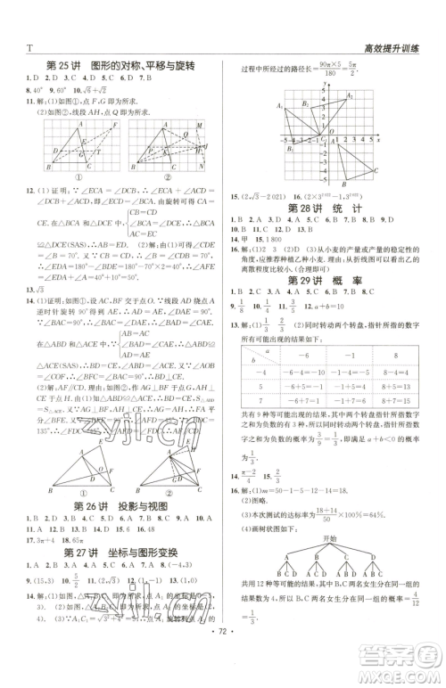 新疆青少年出版社2023升学锦囊九年级全一册数学泰安专版参考答案