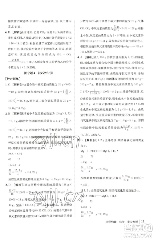 新疆青少年出版社2023升学锦囊九年级全一册化学泰安专版参考答案