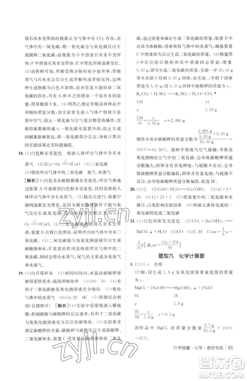 新疆青少年出版社2023升学锦囊九年级全一册化学泰安专版参考答案