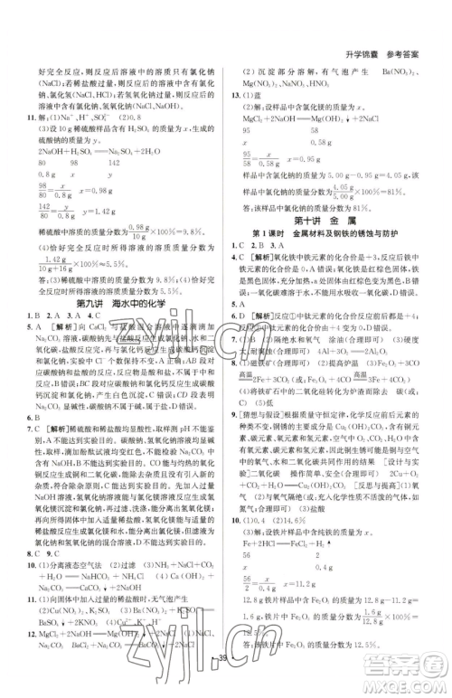 新疆青少年出版社2023升学锦囊九年级全一册化学泰安专版参考答案