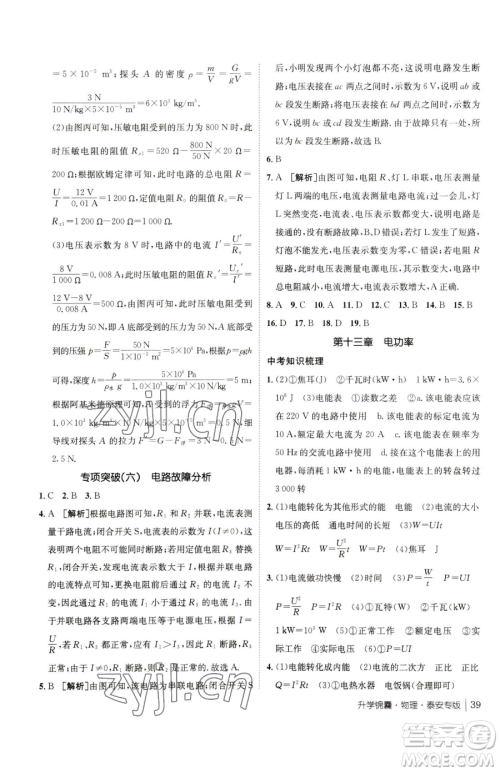 新疆青少年出版社2023升学锦囊九年级全一册物理泰安专版参考答案