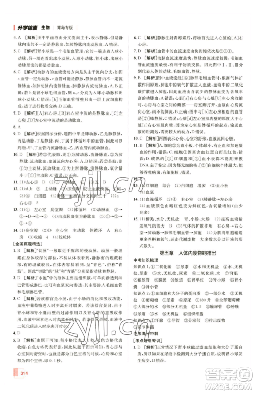 新疆青少年出版社2023升学锦囊九年级全一册生物青岛专版参考答案