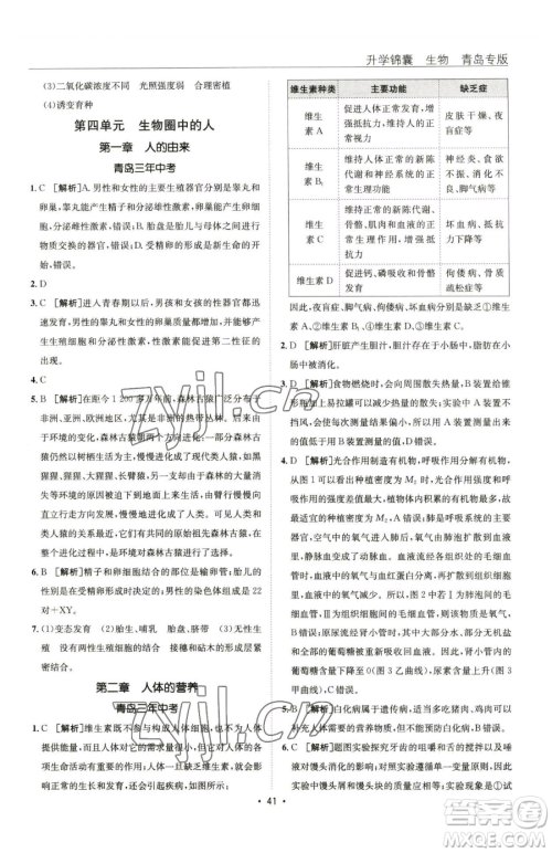 新疆青少年出版社2023升学锦囊九年级全一册生物青岛专版参考答案