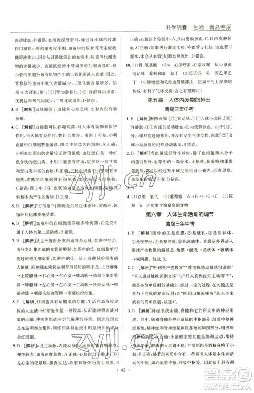 新疆青少年出版社2023升学锦囊九年级全一册生物青岛专版参考答案