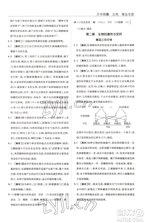 新疆青少年出版社2023升学锦囊九年级全一册生物青岛专版参考答案