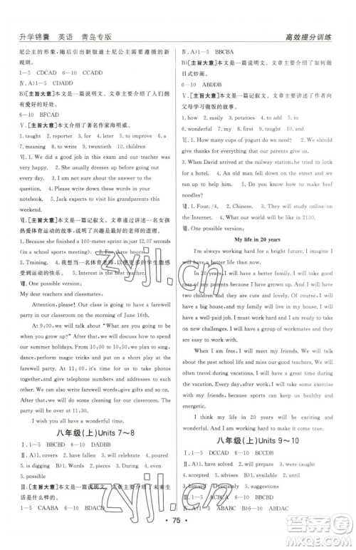 新疆青少年出版社2023升学锦囊九年级全一册英语青岛专版参考答案