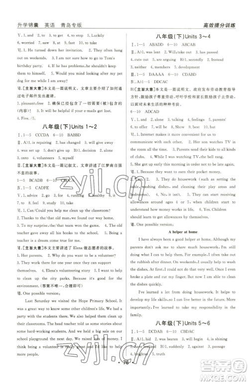 新疆青少年出版社2023升学锦囊九年级全一册英语青岛专版参考答案