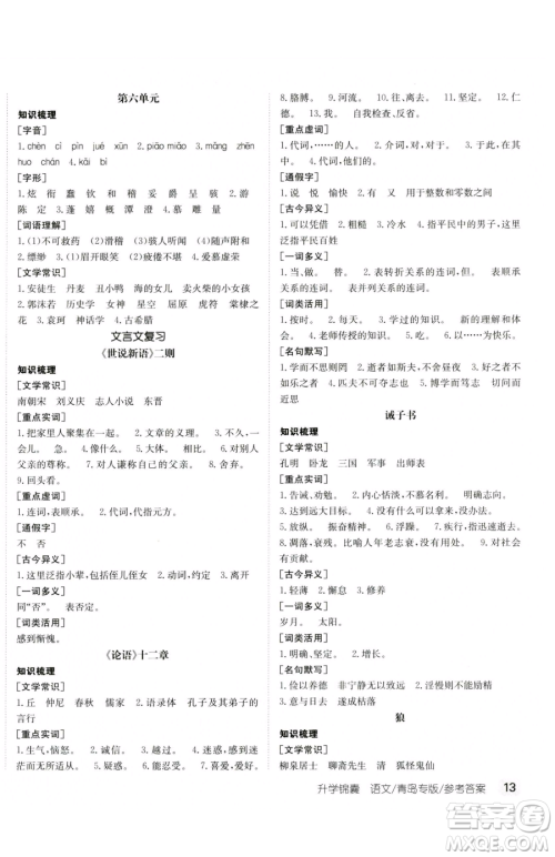 新疆青少年出版社2023升学锦囊九年级全一册语文青岛专版参考答案