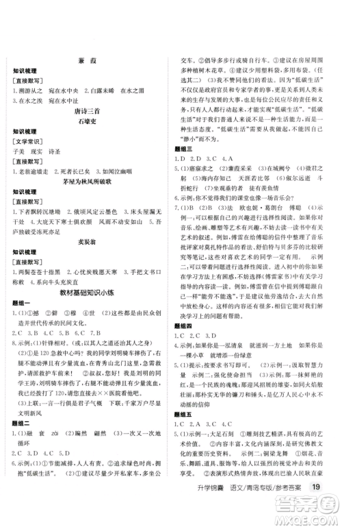 新疆青少年出版社2023升学锦囊九年级全一册语文青岛专版参考答案 新疆青少年出版社2023升学锦囊九年级全一册语文青岛专版参考答案