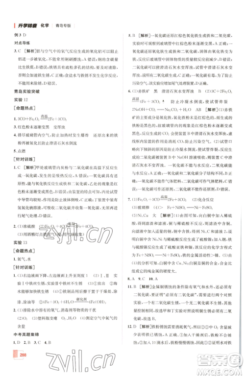 新疆青少年出版社2023升学锦囊九年级全一册化学青岛专版参考答案