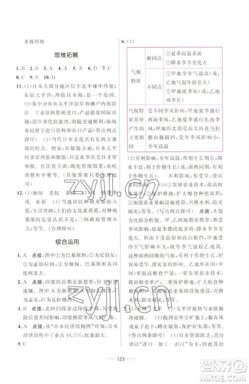 吉林教育出版社2023三维数字课堂七年级下册地理人教版参考答案