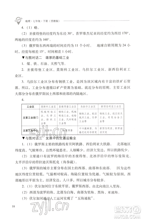 山西教育出版社2023新课程问题解决导学方案七年级下册地理晋教版参考答案