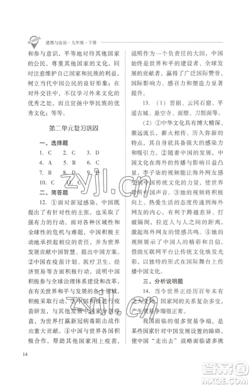 山西教育出版社2023新课程问题解决导学方案九年级下册道德与法治人教版参考答案