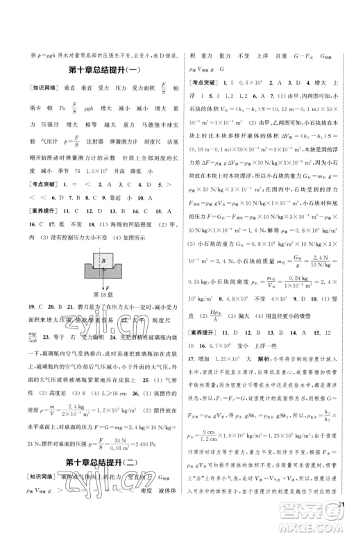 南京大学出版社2023提优训练课课练八年级下册物理苏科版徐州专版参考答案