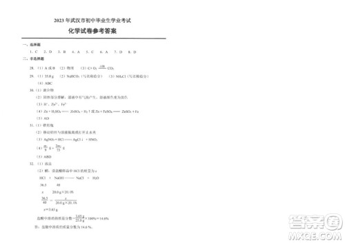 2023武汉中考物理化学试卷答案 2023武汉中考物理化学试卷答案