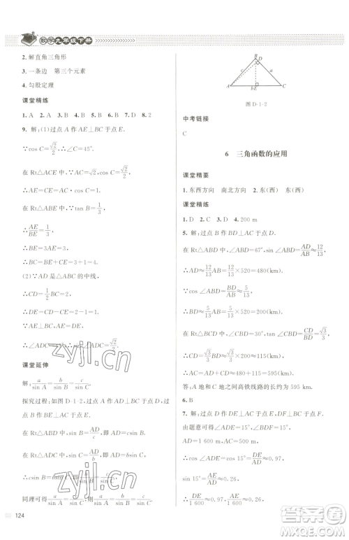 北京师范大学出版社2023课堂精练九年级下册数学北师大版江西专版参考答案