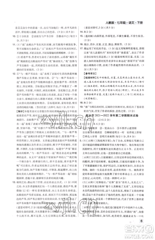 北方妇女儿童出版社2023期末考试必刷卷七年级下册语文人教版河南专版参考答案