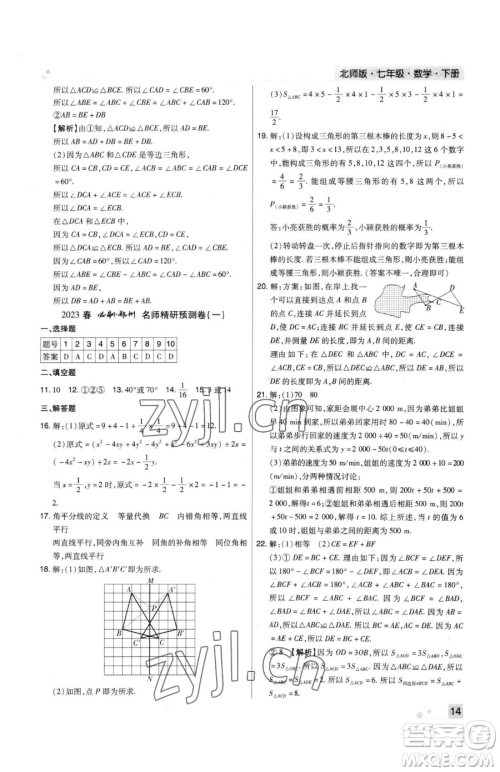 北方妇女儿童出版社2023期末考试必刷卷七年级下册数学人教版河南专版参考答案