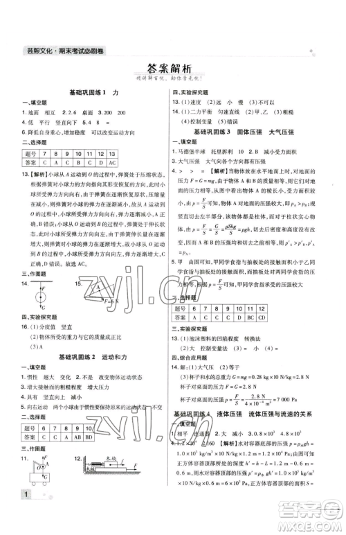 北方妇女儿童出版社2023期末考试必刷卷八年级下册物理人教版河南专版参考答案
